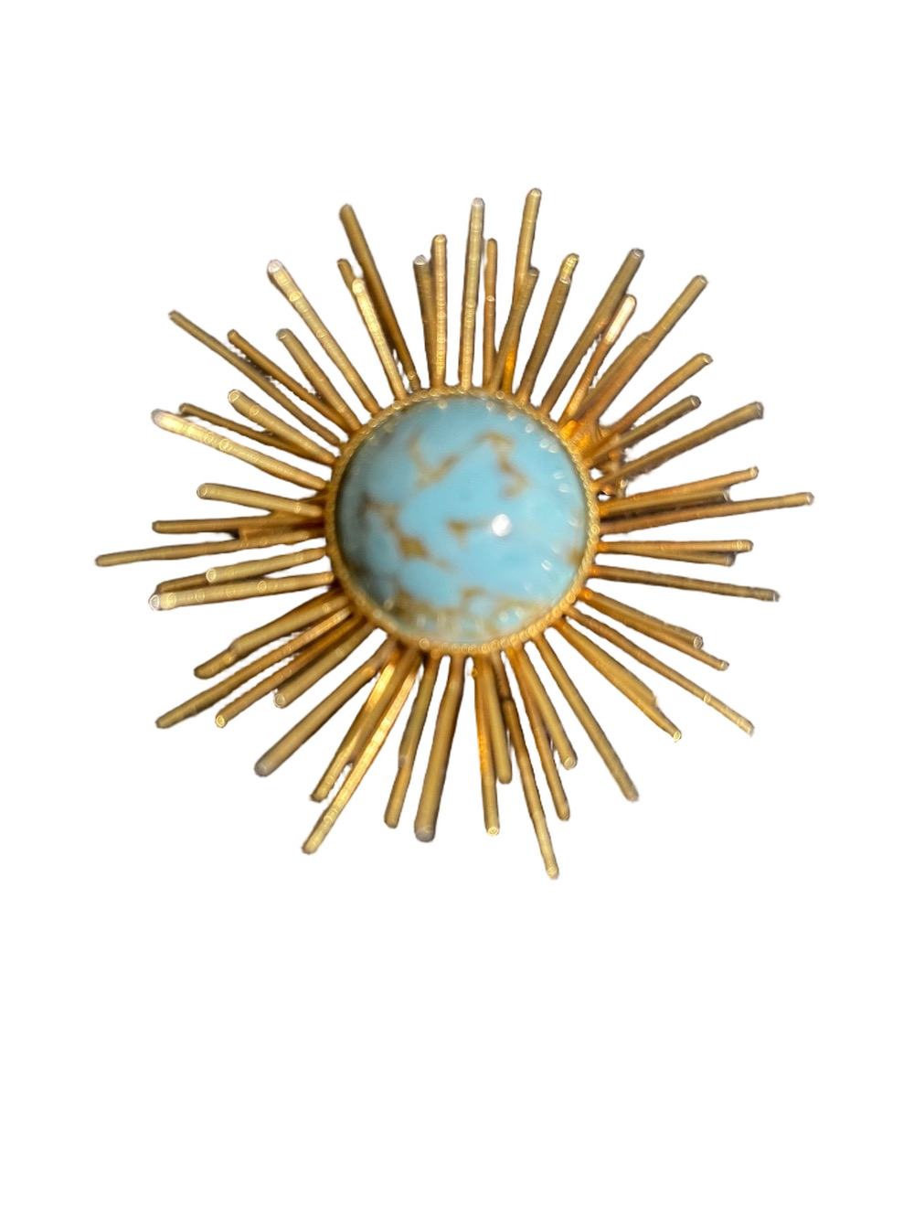 Turquoise In Gold Tone Sunburst Setting Brooch
